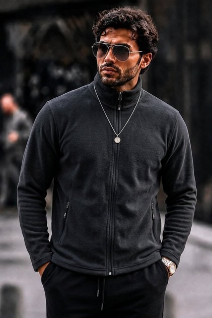 Men's Full Zipper Stand Collar Smoked Cardigan Fleece