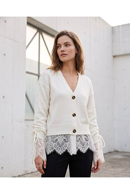 Women's Stylish Lace and Ruffle Detailed Knitwear Cardigan