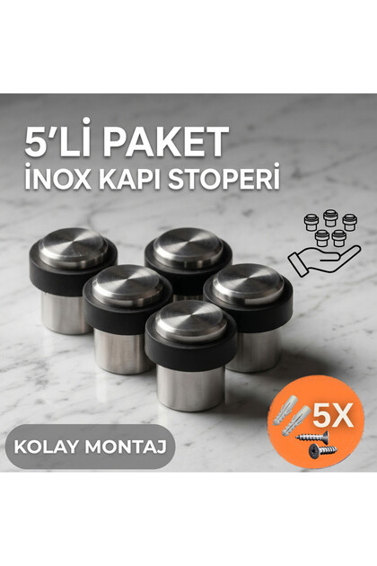 5 ADET Mat Inox Paslanmaz Çelik Kapı Stoperi – Lüks Zemin Tipi Kauçuk Tamponlu Kapı Stopu
