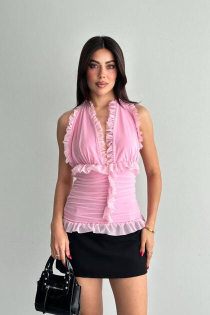 Tulle Ruffle Blouse Pudra