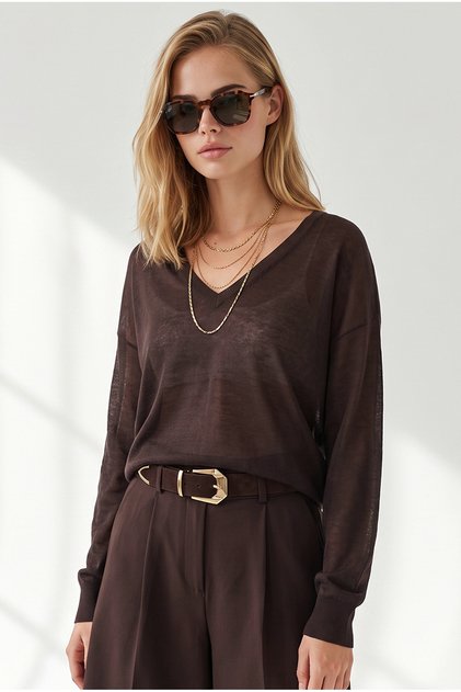Women's Brown V-Neck Transparent Loose Knitwear Blouse Blz-19003451