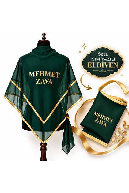 İsme Özel Damat-Zawa Kına Örtüsü Eldiven Yazı Dahil Gold Yazılı Kenarı Biyeli Damat Kına Örtüsü