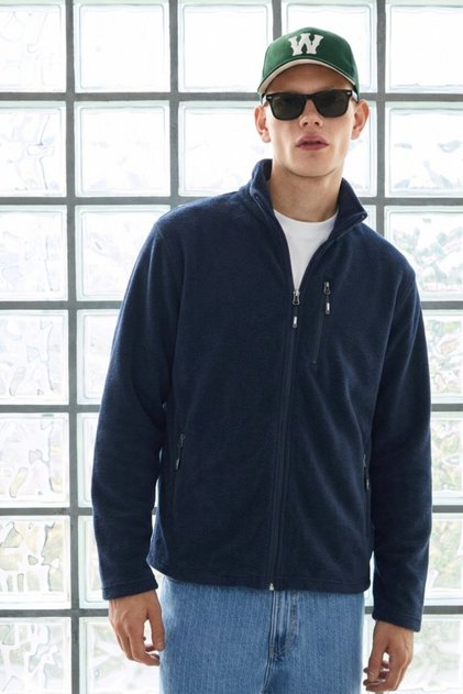 Men's Zippered 3-Pocket Navy Blue Long Cardigan Fleece