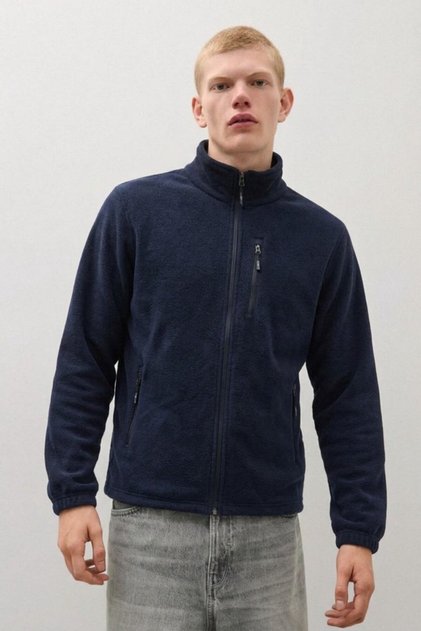 Men's Winter Loose-Fit Navy Blue Fleece with 3 Zipper Pockets