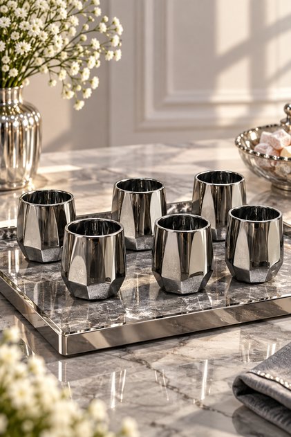 Set of 6 Silver Plated Glass Coffee Cups 50ml