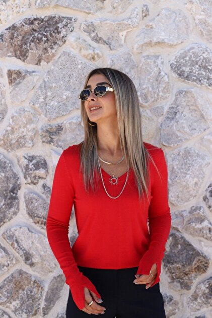 Red Standard Size V-Neck Sleeve Detail Sweater