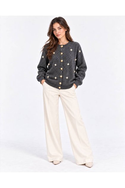 Women's Pearl Detailed Buttoned Crew Neck Long Fleece Knitwear Jacket