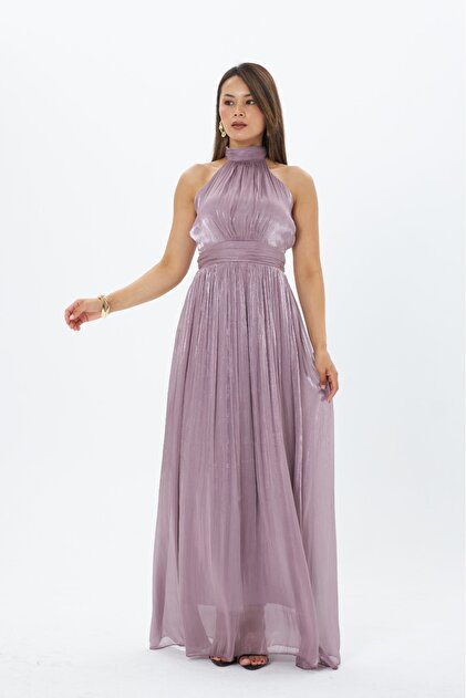 Women's Halter Neck Pleated Long Evening Dress