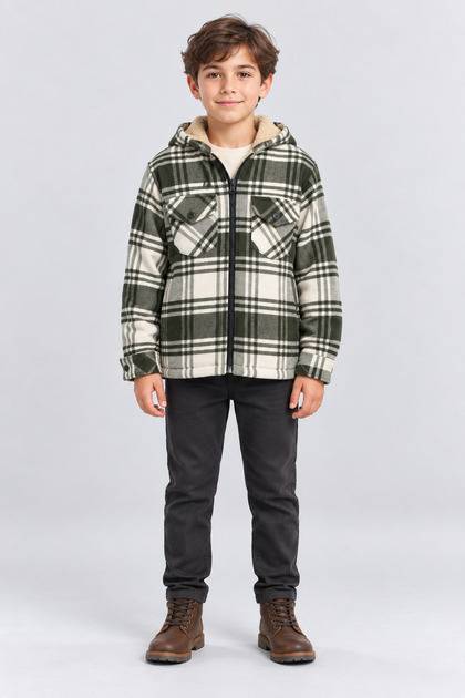 Boy's Plaid Hooded Zippered Plush Lined Jacket Coat Lumberjack Shirt Ak1665