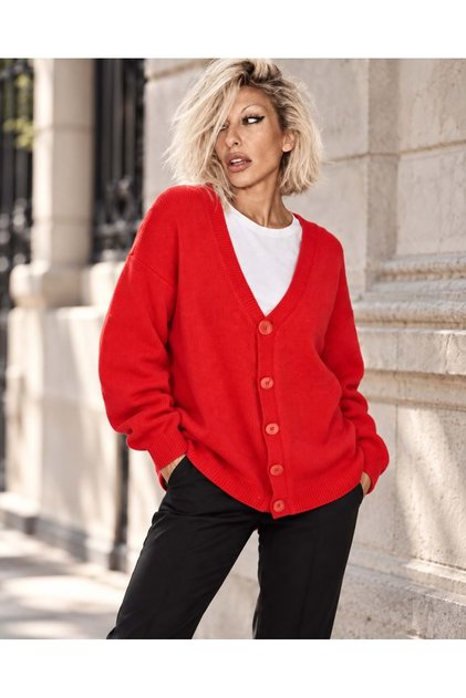 New season orange color v-neck button closure oversize pike cardigan