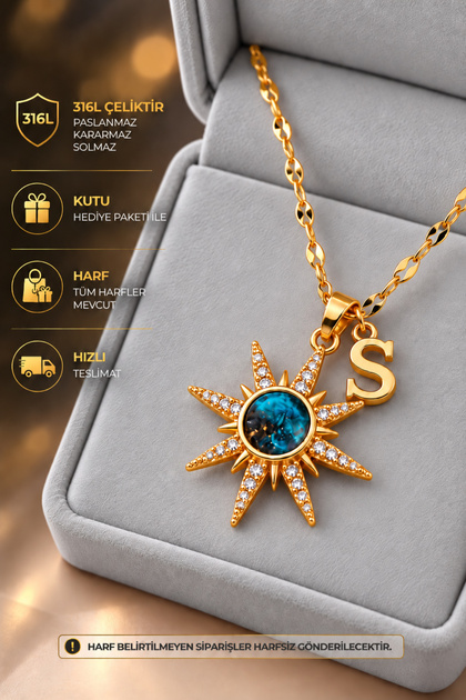 Mavi Taşlı Yıldız Model Harfli 316L Çelik Kolye (Kişiye Özel Harf)