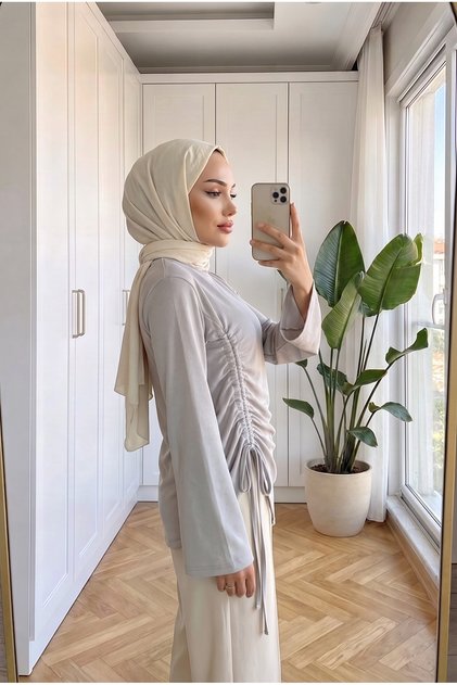 Women's Side Adjustable Drawstring and Slit Detailed Combed Cotton Hijab Tunic 70 cm