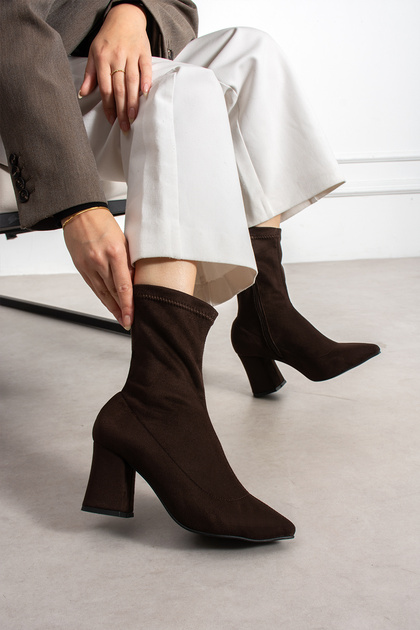 Brown Luxury Suede Pointed-Toe Chunky-Heeled Women's Boots