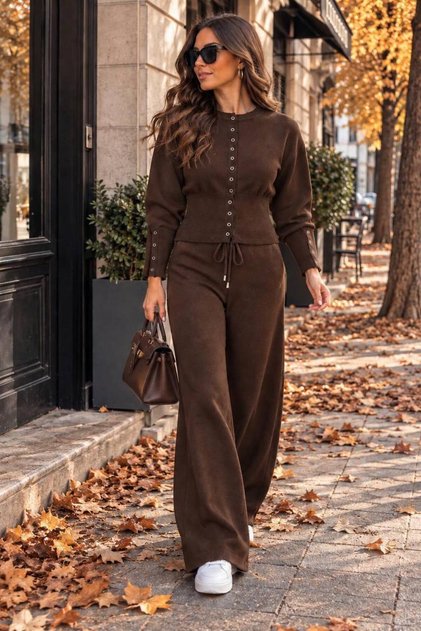 Women's Snap Button Knitwear Double Set High Waist Wide Leg Pants Long Sleeve Set
