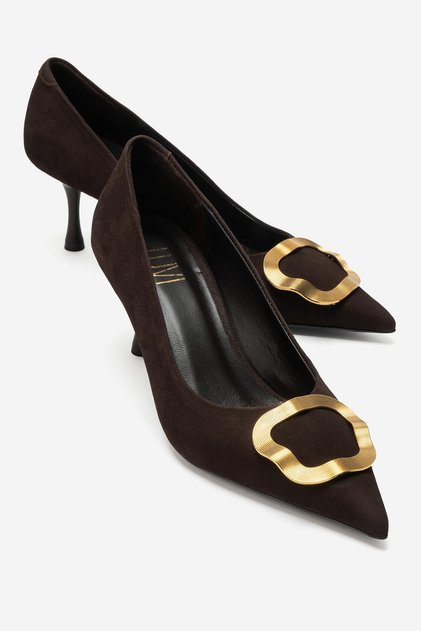 Noemi Brown Suede Genuine Leather Buckle Women's Heeled Shoes