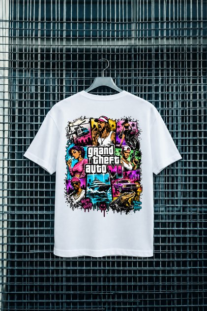 GTA VI Grand Theft Auto 6 Unisex Baskılı Tişört Oversize Boxy Fit %100 Pamuk Bisiklet Yaka Kısa Kollu T-shirt
