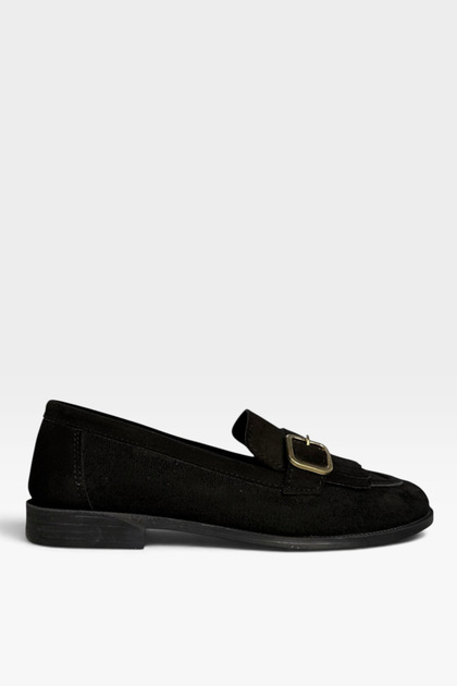 Gold Buckle Tasseled Suede Women's Casual Loafer Shoes Black