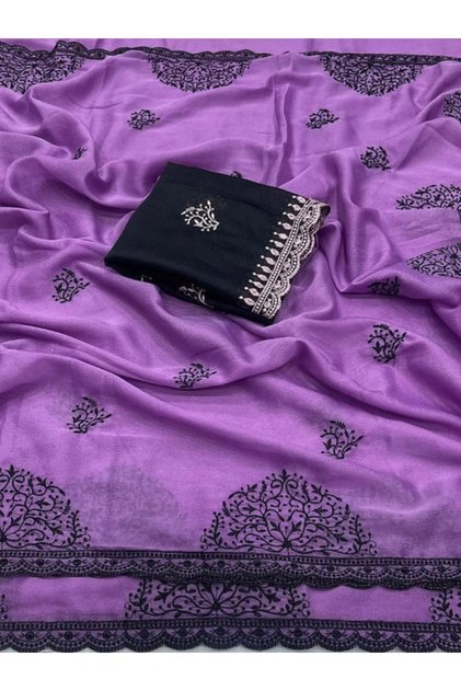 Purple Georgette Embroidered Saree with Contrast Blouse - KTS9705 | Purple