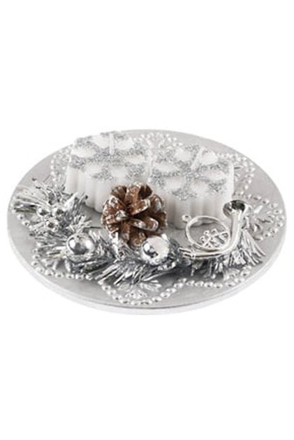 Platou Decorativ Argintiu Conuri Lumanari Fulgi de Craciun 13cm