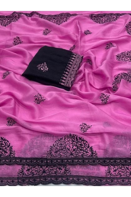 Pink Georgette Embroidered Saree with Contrast Blouse - KTS9705 | Pink