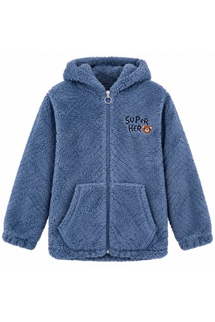 Boys-Girls Plush Cardigan Hooded Zippered Pocket Super Hero Teddy Bear Embroidered Blue Sweatshirt 8-13 Years Old
