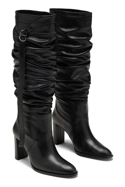Women's Black Buckle Detailed Drawstring Above Knee Thick High Heel Boots