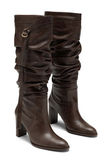Women's Brown Buckle Detailed Drawstring Below the Knee Thick High Heel Boots