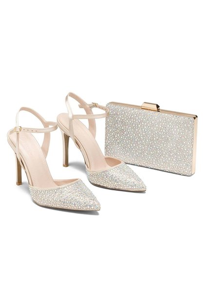 Women's Beige Stone Bridal Shoes and Bag Set Evening Dress Heeled Shoes Clutch Set
