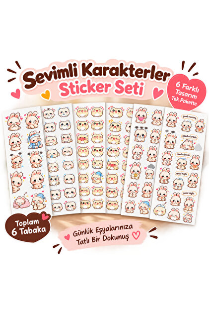 Kawaii Sticker Seti 6’lı – Sevimli Tavşan ve Karakter Stickerları – 6 Farklı Tasarım