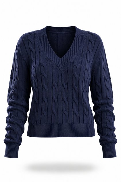 Navy Blue V-Neck Hair Knit Sweater 190877