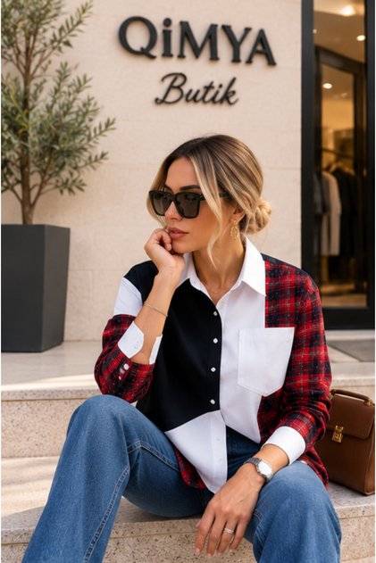 Nox Women's Oversized Plaid Combed Cotton Color-Blocked Shirt with V-Slit Back