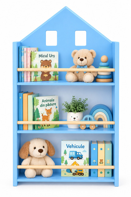 Bibliotecă Montessori Tip Căsuță pentru Copii, 3 Rafturi, Bleu