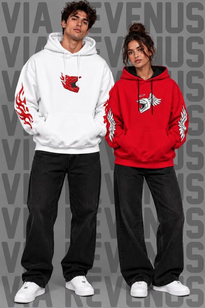 Biker Printed Lover's Combination Wide Fit Hooded Sweatshirt - 2-Piece Set