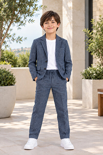 Boy's Linen Look Suit (Jacket, T-Shirt and Pants with Elastic Waist)