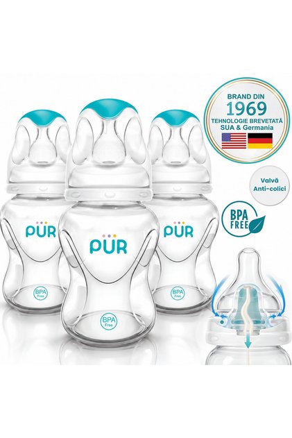 Set de 3 PUR ®   Biberoane Advanced 125ml, Tehnologie Anti-Colici Pro-Flo, Debit Lent, 0-3 Luni, Fără BPA, Sigur