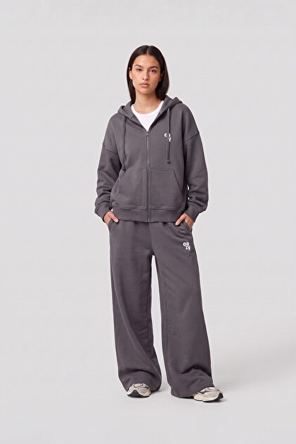 Women's Gray Cotton Tracksuit Set Oversize Zippered Hooded Sweatshirt Loose Wide Leg