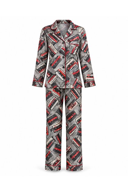 Pajaiem Women's Satin Pajama Set Button-Down Shirt and Pants - Gray with Cassette Pattern