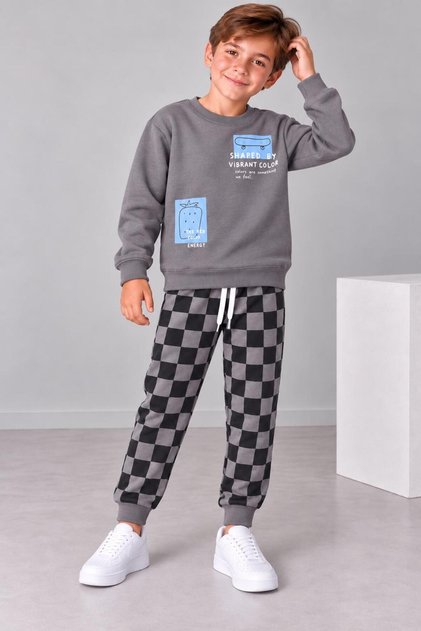 Boys' Printed Sweatshirt Checkered Jogger Pants Top and Bottom Set