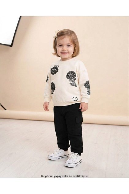 Girl's Floral Printed Seasonal Compact 2-Strand Tracksuit Set for Ages 2-3-4-5-6