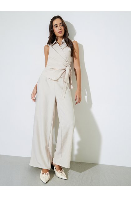 Beige Wide Leg Blouse Co-ord Set