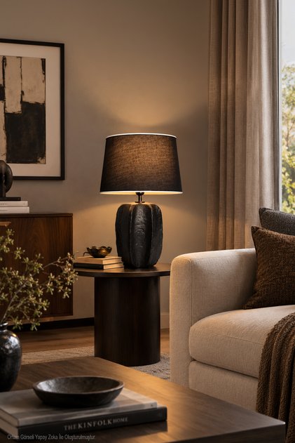 Ada Modern Dokulu Siyah Seramik Abajur - Dekoratif Salon ve Yatak Odası Aydınlatması