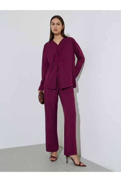 Burgundy Wrap Front Shirt and Trousers Co-ords Set