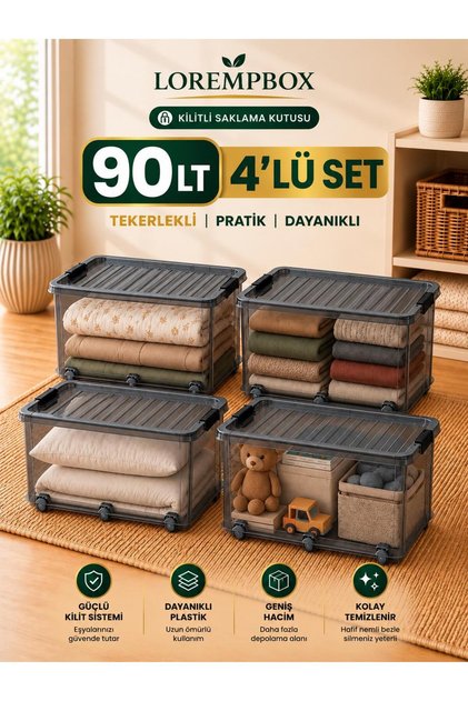 90 L Tekerlekli Kilitli Saklama Kutusu 4’lü Set Büyük Boy Antrasit Organizer, İstiflenebilir Düzenleme Kutusu