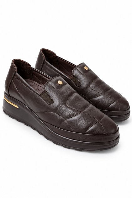 100% Genuine Leather Women's Casual Shoes with Quilted Detail and Elastic Padding Sole