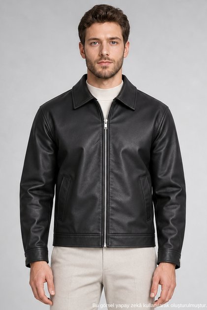 Men's Black Oversize Collared Faux Leather Jacket with Zipper Pockets