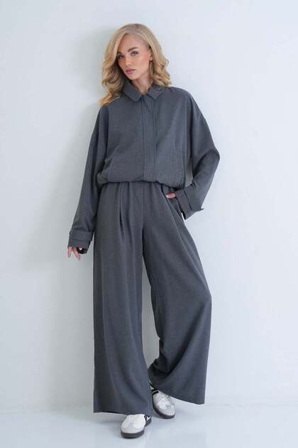 Women's Gray Elastic Waist Zipper Suit Alc-X15904