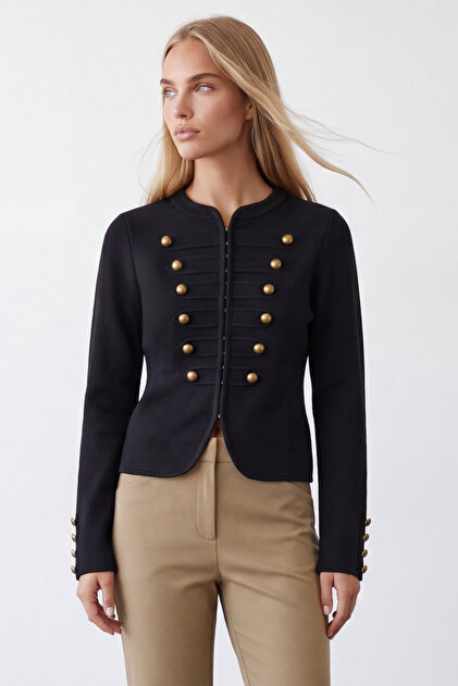 Women's Black Crew Neck Knitwear Jacket with Hidden Snap Buttons and Gold Button Detail Alc-X15619