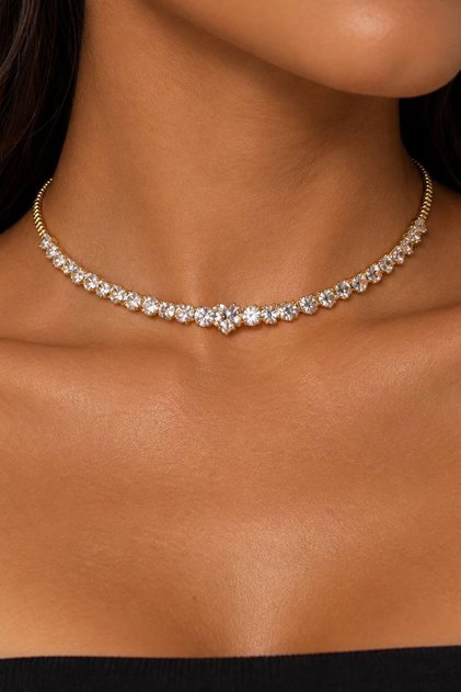 Altın Renk Kalp Figürlü Taşlı Choker Kolye