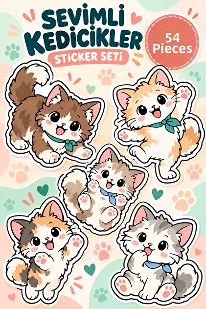 Cute Kittens Sticker Set 54 Pieces | Cat Themed Sticker Pack