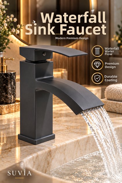 Waterfall Sink Faucet Anthracite Bathroom Faucet Modern Sink Tap Waterfall Flow Fixture